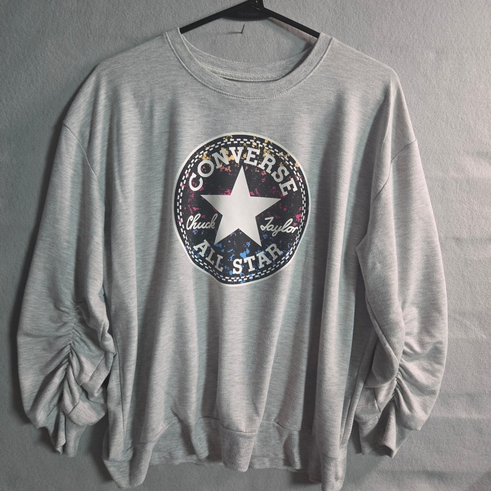 Converse All Star Chuck‎ Taylor Graphic Sweatshirt Gray Ruched Sleeve Youth XL